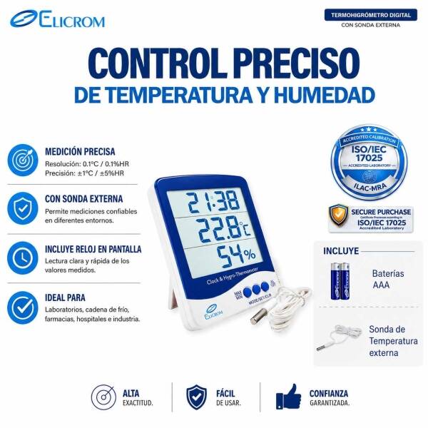 Termohigrómetro con sonda externa y reloj | ELICROM