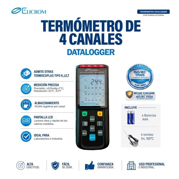 Termómetro datalogger de 4 canales, tipo K J E T - Imagen 2