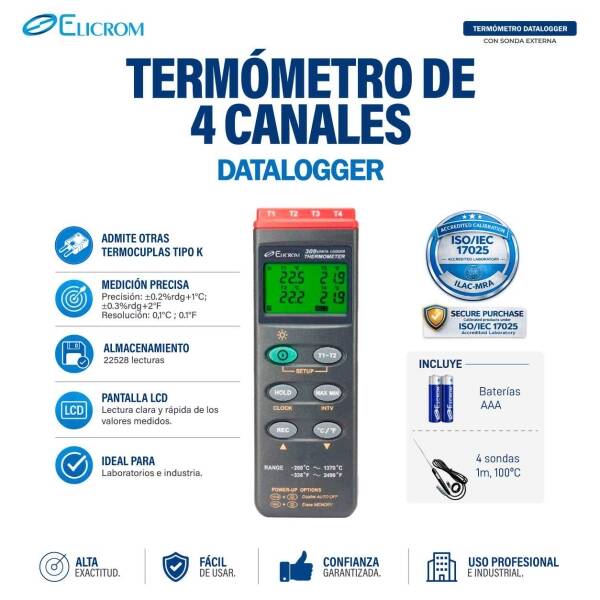 Termómetro Datalogger de 4 canales | ELICROM