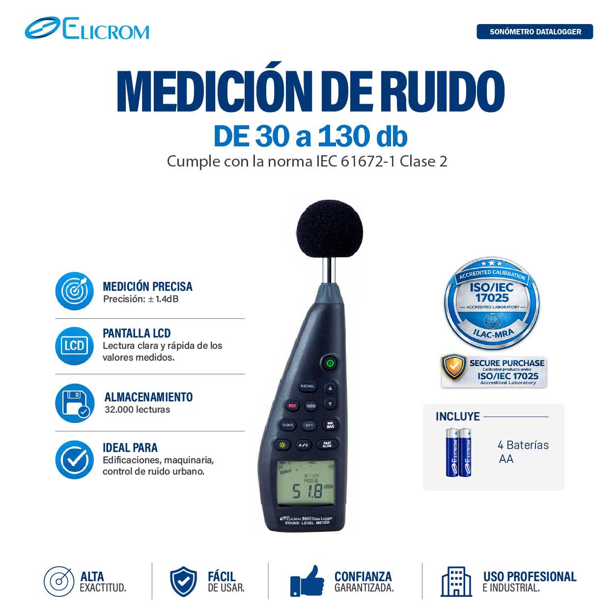 Sonómetro datalogger 30 a 130 db | ELICROM